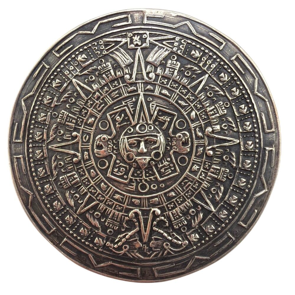 Vintage Sterling Silver Engraved Aztec Calendar Medallion Pin or Pendant